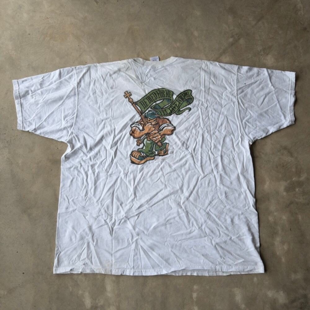 VINTAGE 90S JESUS T-SHIRT GRAPHIC BIBLE VERSE HE DIED FOR US QUOTE  MENS XXL